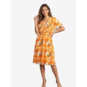 White Stag Women's Orange Floral Rayonblend Short Sleeve Knee Length Dress Sz L